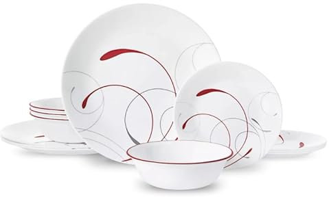 MyncbD Stoviglie in Ceramica Set da 12 Piatti Piani Set da tavola Set di Piatti Bianco e Rosso