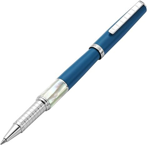 Xezo Speed Master Fein Rollerball Stift. Mattes Lapislazuli Blau mit Weißer Mutterperle. Verchromt. Leichter Messingkörper. Keiner gleicht dem Anderen