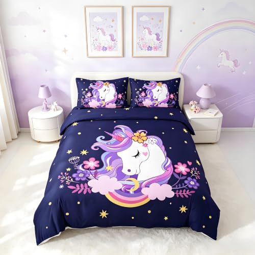 Unicornio - Funda nórdica infantil, 140 x 200 cm, niña, color morado unicornio, ropa de cama de flores, caballo, juego de cama rosa, amarillo, arcoíris, unicornio, funda de edredón, juego de cama de