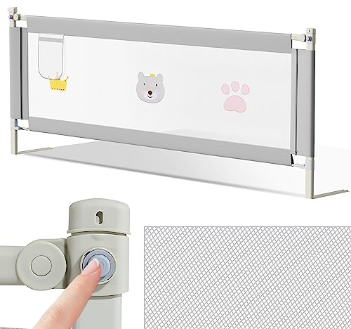 Ikodm Barrera de cama de 200 cm, altura ajustable de 70 a 98 cm, barrera para cuna para niños pequeños, con patrón, estructura estable, rejilla para cuna con red aireada, color gris