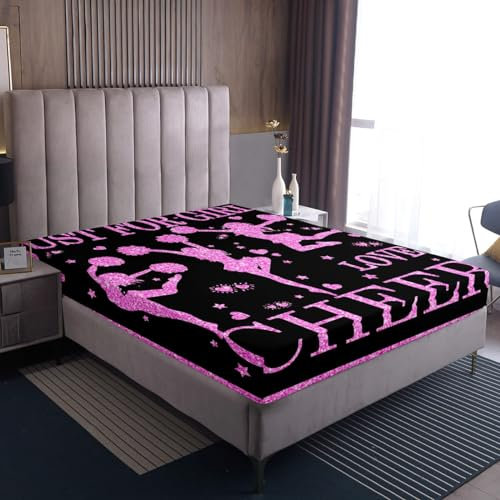 Nur für Mädchen Liebt Cheer Bettwäsche 160x200x30 Cheer Sport Bettwäsche Sets für Cheerleader Geschenke,Rosa Lila Glitter Pailletten Fitting Sheet Liebe Herzen Stern Fitted Sheets Schwarz Zimmer Dekor