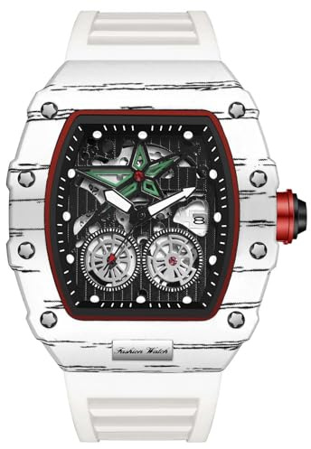 RORIOS Armbanduhr, modisch, Fass, für Herren, Armbanduhr, Punk, Hollow, Analog, Quarz, leuchtende Uhr, Kalender, Armband aus Silikon, weiß, L, Armband