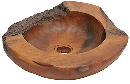 ARKEM Lavandino di Appoggio Design Moderno,Lavabo ad Incasso in Ceramica,Rettangolare,Finitura Bianco Lucido,Lavamani Senza Piletta,Bacinella Sanitari Bagno,Lavabo in Legno di Teak 45 cm