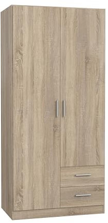 FORTE JOAKIM 90 200, petite armoire au design moderne, à portes battantes, avec 2 tiroirs, étagères et tringle à vêtements, chêne Sonoma, 91 cm de large x 197 cm de haut x 54 cm de profondeur