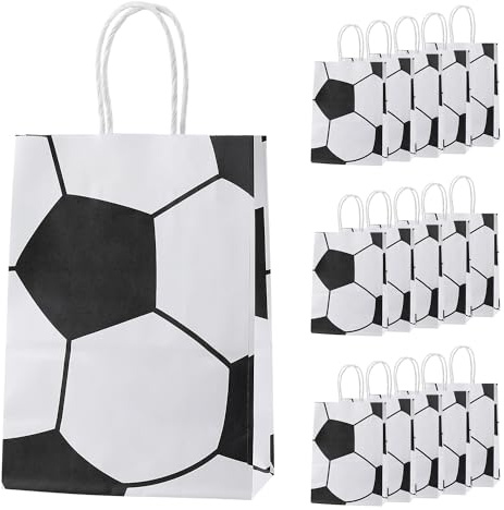16 Stück Fußball Papiertüten, Fußball Geschenktüte, Fußball Thema Party Papier Taschen mit Griffen,Süßigkeiten Taschen für Kinder Erwachsene Geburtstag Fußball Thema Party Zubehör (Weiß)