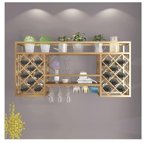Weinregal Zur Wandmontage,wandmontierte Weinregal,Wandbar Schnapsbar Mit Flaschenhalter Wandregal Für Weingläser,Weinregale Mit Weinglashalter Flaschenregal,Kelchregal,Für Küche Wohnzimmer Zuhause(Gol