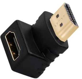 Adattatore HDMI maschio a femmina 90°, connettore nero, ideale per connessioni in spazi ridotti ed estendere cavi HDMI.