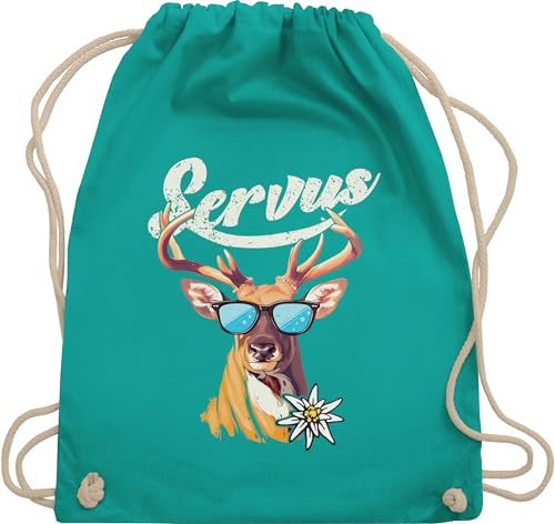 Turnbeutel Rucksack - Kompatibel mit Oktoberfest Tasche - Servus Hirsch - Unisize - Türkis - trachtenrucksack bayrische beutel trachtentaschen bayrisch oktoberfest-tasche bayern trachtenrucksäcke