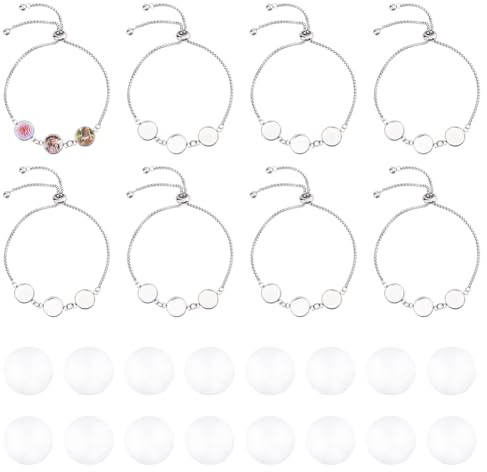 DICOSMETIC 8 Sets Armband-Lünetten-Einstellungen, DIY Blanko-Armbandherstellungs-Set, 12 mm, Edelstahl-Tablett, Armband-Rohlinge, Basis-Armreif, Cabochon-Tabletts mit verstellbarer Armbandkette für