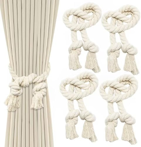 Xpieoyrm Fermatende per Tenda, 4 Pezzi Fermatende Corda Fermatenda Tenda in Cotone Naturale, Fatti a Mano Corda per Tende, Fermatende Corda Beige per la Decorazione Delle Tende di Casa e Ufficio