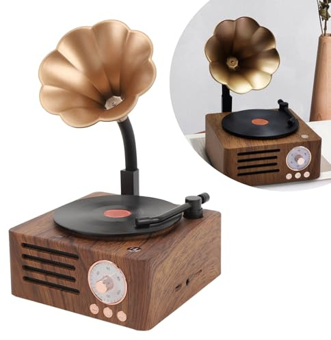 Tourne-Disque Bluetooth, Grain de Bois Vintage Rotatif Tourne-Disque Forme Haut-Parleur Stéréo Haut-parleurs Tourne-Disque Haut-Parleur Gramophone avec Haut-Parleur Bluetooth