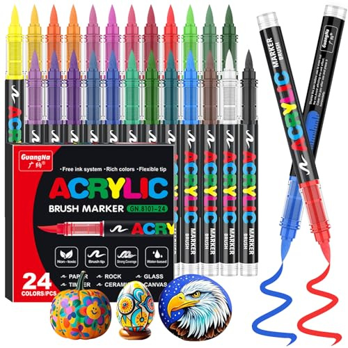 Funnasting Acrylic Paint Pens, Direct Liquid Brush Tip Marker, 24 Colours | Acrylic Markers for Colouring, Glass, Fabric, Egg and Rock Painting; DIY Craft Art Supplies