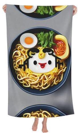 Pvinnk Toalla de playa para adultos con estampado de fideos y ramen, diseño de huevera, de gran tamaño, 32 x 52 pulgadas, suave, ligera, de secado rápido