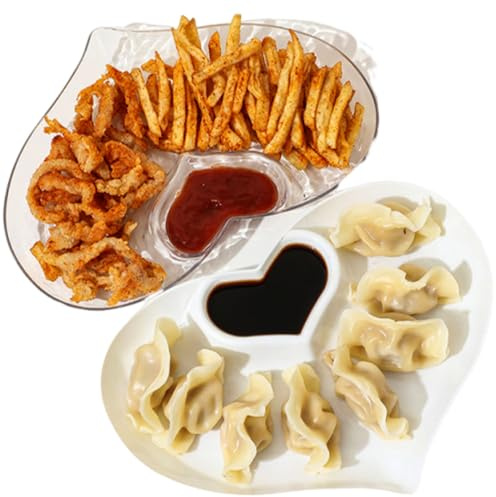 OULIGET Juego de platos para servir con chips de corazón, platos de plástico con compartimento para salsa, platos divididos para aperitivos para aperitivos, sushi, tacos, salsa, charcutería, 2 piezas