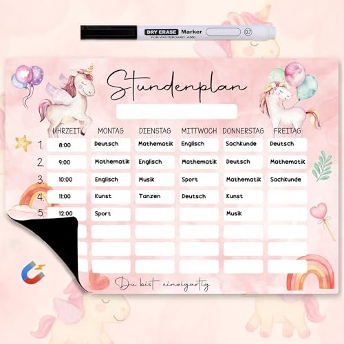 JOYEASE Einhorn Stundenplan abwischbar magnetisch inkl. Stift - Stundenplan Kinder 1. Klasse - Schultüte Füllung Mädchen - Einschulung Mädchen Geschenk Schulanfang