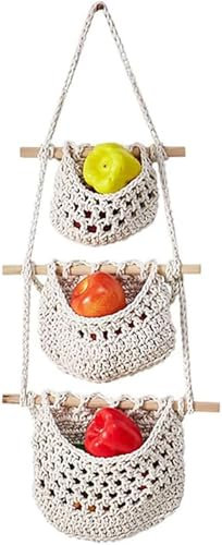 Générique Panier de Fruits Mural tressé Suspendus pour la Cuisine Fruit and Vegetable Basket 3 Niveaux de Stockage Suspendu tissé Poche géante White,S