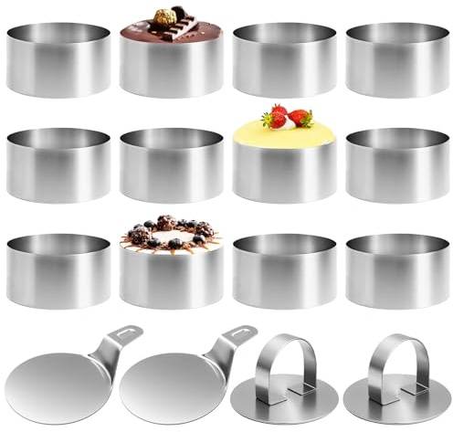 Druuzyl 12 Pièces Cercle a Patisserie Cercles De Présentation en Acier Inoxydable, 8cm Moule à Gâteau Rond DIY avec Couvercle et Base Moule à Gâteau Nourriture Cuisson Présentation Anneaux