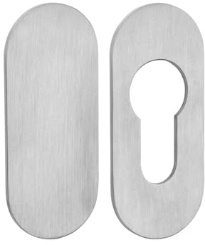 SOTECH Juego de dos rosetas adhesivas ovaladas, de 65 x 28 x 2 mm (1 roseta para cilindro de perfil / 1 roseta ciega), de acero inoxidable satinado con almohadilla adhesiva 3M VHB