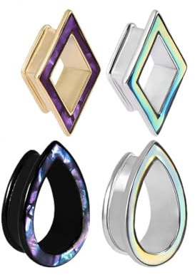 LGXLGX 1 Pair Ear Tunnels Plugs 6-25mm - Diamond-Shaped with Glitter Film, Hollow Shell & Water Droplet Design, Mixed-Color Electroplated Copper Ear Piercing Expanders(Rhombus-Purple,6mm)