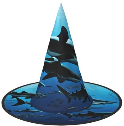 Chapeau de sorcière conique imprimé requins marteaux pour femme - Chapeau de sorcière pour bal masqué - Accessoires de fête d'Halloween