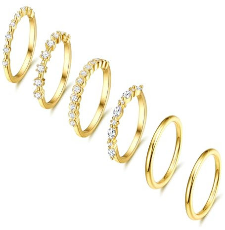 Ticome 6PCS Non Tarnish Gold Stacking Rings for Women Waterproof Cubic Zirconia Adjustable Rings Set Wedding Thumb Statement Engagement Promise Ring,Size 7(Gold)