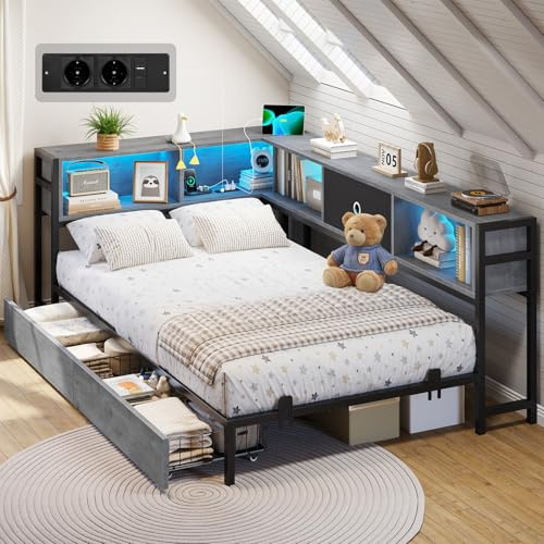 DICTAC Cama juvenil 90x200 con iluminación LED y estación de carga, cama 90 x 200 con espacio de almacenamiento - 5 compartimentos y 2 cajones, cama de día individual 90x200 con somier de metal, cama