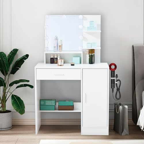 LEADZM Schminktisch mit LED-Beleuchtung, Spiegel (Weiß, 80x40x130 cm) | 3 Farben Verstellbarer Helligkeit, Frisiertisch mit 1 Große Schublade, 1 Schrank & Föhnhalter