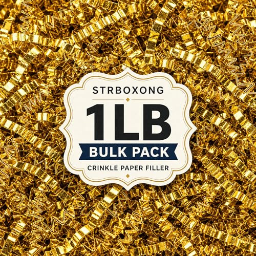 STRBOXONG 455 g skrynkligt klippt papper strimlat fyllmedel – mångsidig presentförpackning och korgfyllning för födelsedagar, bröllop, årsdagar, presentförpackning och väskfyllning (dubbelsidigt guld)