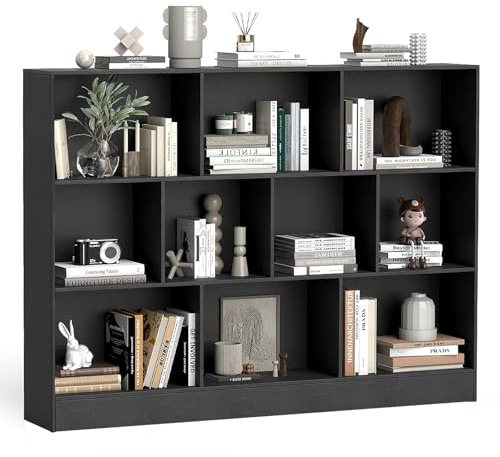 COSTWAY Bücherregal mit 10 Fächern, Standregal mit 3 Ebenen, Würfelregal, Büroregal, Aufbewahrungregal für Wohnzimmer, Schlafzimmer, Arbeitszimmer, Büro (Schwarz,140 x 24 x 104 cm)