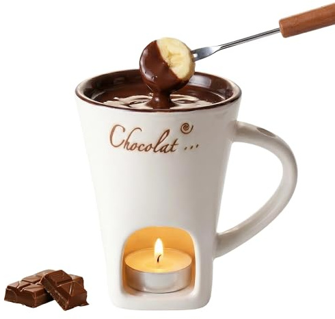 BUOSHUO Taza para fondue de chocolate, cerámica, 130 ml, fondue de chocolate con vela y tenedores, blanca