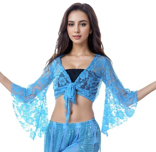 Generisch Frauen Bauchtanz Kostüm Spitze Tops Floral Langarm Wrap Karneval Top (Sky Blue, One Size)
