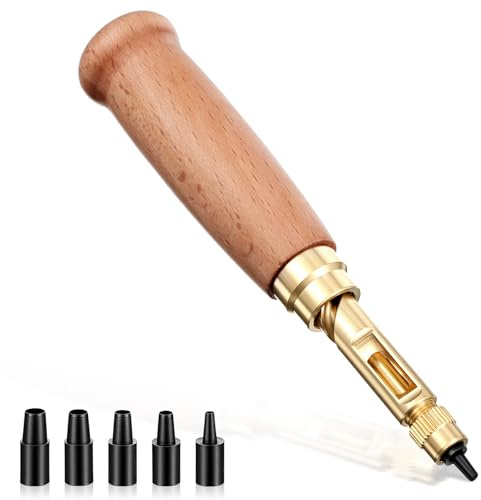 Leather Hole Punch, Adjustable Japanese Screw Punch with Wooden Handle, 6 Brass Punch Sizes (1.5mm-4mm) for Belts, Bags, Wristbands, Paper, Rubber, Plastic, and DIY Crafts