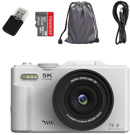 5K Digital Compact Camera Optinexo, Camara Compacta Digital con Zoom 18X y Pantalla Articulada 180 Grados, Tarjeta 32GB Incluida para Viajes y Creacion de Contenido (Blanco)