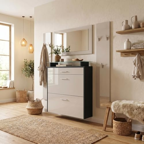 Vladon Garderobe Malea, Garderobenset bestehend aus 1 Hängeschuhschrank, 1 Wandspiegel und 2 Garderobenpaneele, Schwarz matt/Sandgrau Hochglanz