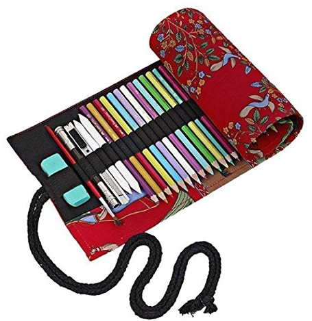 Amoyie Colouring Pencil Case 72 Slots, Roll Up Pen Holder, Pencil Wrap | Canvas Organiser Bag for Coloured Pen, Foldable Carrier for School, Outdoor, Artist Storage Bags, Large Capacity, Red Tree
