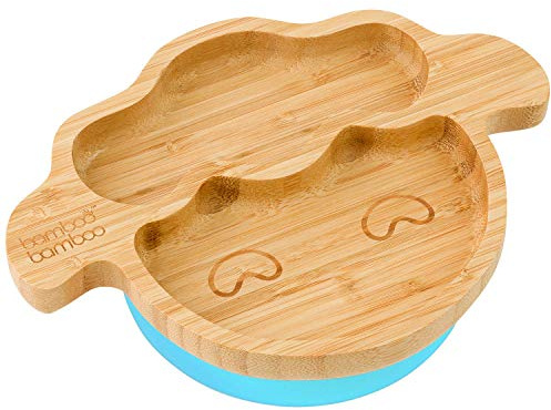 Piatto di Bambù con Ventosa per Neonati - Piatto di Bambù per Bambini, Non Tossico, Naturale, Che Rimane Freddo al Tatto Durante il Baby-Led Weaning (Lamb) Blue