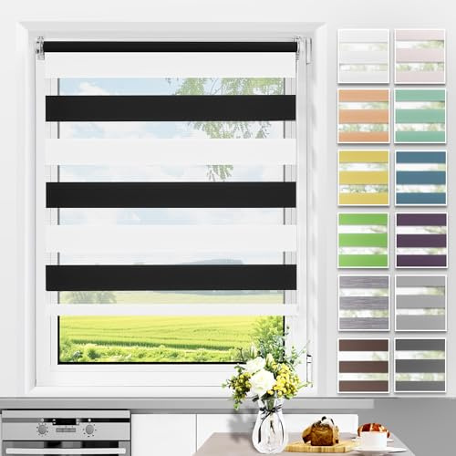 Allesin Doppelrollo Klemmfix ohne Bohren & mit Bohren, Duo Rollos für Fenster und Tür, Klemmrollo Fensterrollo lichtdurchlässig, Sonnenschutz, B40 x H150cm (Stoffbreite 40cm) Schwarz-Weiß