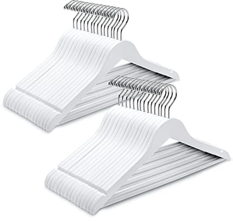 Amber Home 44.5cm Premium White Wooden Coat Hangers 20pcs, Wood Clothes Hanger with Non Slip Pants Bar and Smooth Notches, Solid Suit Hangers Rack for Jacket Dress Blouse Shirt Trousers