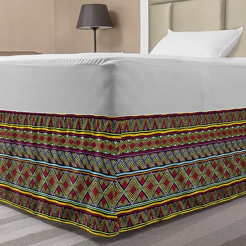 Ambesonne African Bedskirt, Colorful Diamond Motifs with Angled Lines Lively Palette Geometric Borders, Bedroom Decor Wrap Around Elastic Bed Skirt Gathered Design, Twin/Twin XL, Multicolor