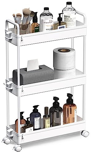 SOLEJAZZ 3-Tier Storage Trolley Cart Slide-out Slim Rolling Utility Cart Mobile Storage Shelving Organizer for Kitchen, Bathroom, Laundry Room, Bedroom, Narrow Places, Plastic,White