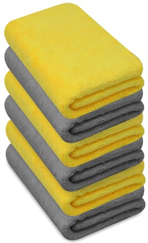 Towelogy® Microfibre Cleaning Cloths Grey 420GSM Large Thick Ultra Absorbent Multipurpose For Dusting Polishing Washing 40x40cm (Pack Of 6, Grey & Yellow)