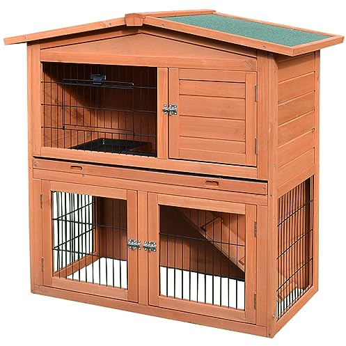 PawHut Rabbit Hutch Outdoor Guinea Pig Hutch 2-Tier Bunny Cage with No-Leak Tray 100.5 x 55 x 101 cm