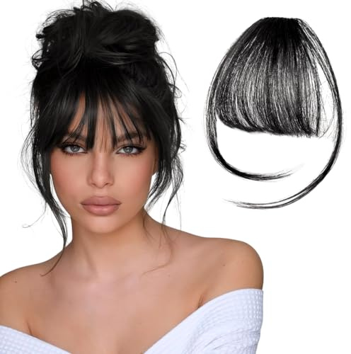 EXCEART Haarteil Pony Fransen Schwarz HitzebestäNdige Faser | Mattes Aussehen, Mit Schere Zuschneidbar, Mit Lockenstab Stylbar, FüR Vielseitige Stylings
