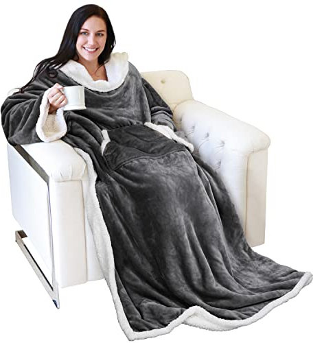 Catalonia Classy TV-Decke Kuscheldecke Ganzkörperdecke mit Ärmeln und Taschen zweiseitige Decke Microplush Fleece Sherpa Warme Decken Geschenk für Erwachsene Frauen Männer 185cm x 140cm, Geschenkidee