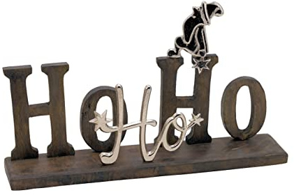 Spetebo Schriftzug Aufsteller HO HO HO aus Holz und Aluminium - 36 x 22 cm - Weihnachtsdeko Holzaufsteller - Tischdeko Fensterdeko Dunkelbraun Silber