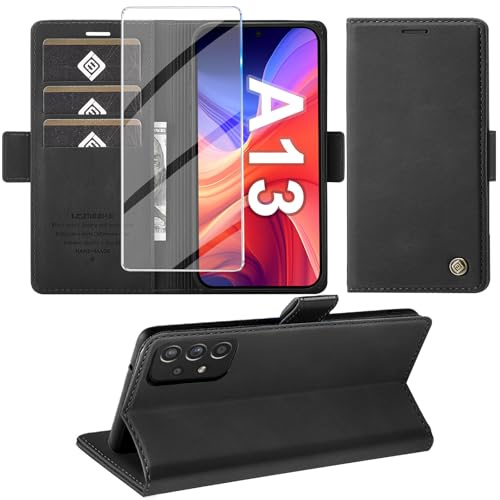 Giyer Handyhülle für Samsung Galaxy A13 4G/5G A04S Hülle mit Schutzfolie, Standfunktion Kartenfach Wallet Premium Leder Schutzhülle A13 Flip Case Cover Stoßfeste Klapphülle A13 6.5 Zoll (Schwarz)