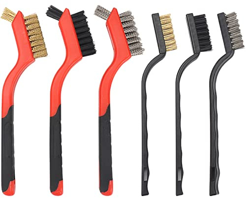 SI FANG Mini Wire Brush 6Pcs Set, Wire Brushes for Cleaning, Copper/ Stainless Steel/ Nylon Bristles Brushes for Metal, Wood, Stove, Sink, Rust & Welding Slag