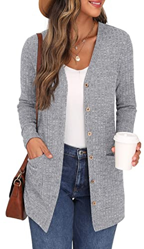 GRECERELLE Womens Cardigan Long Sleeve Open Front Cardigans Button Down V Neck Ribbed Knit Lightweight Outerwear with Pocket