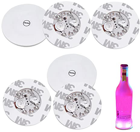 Pack of 6 LED Stickers Mood Lights 7 Light Colours Self-Adhesive Light Stickers with 4 SMD LED Replaceable Batteries and 3M Adhesive Film Bottle Lighting for Under LED Bar Coaster Lights
