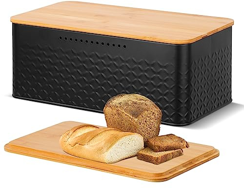 Phyllia Bread Bin, Metal Bread Box with Bamboo Lid Usable as Cutting Board, Bread Storage Container Holder for Kitchen Countertop, 13 x 7 x 5.3 inch (Black)